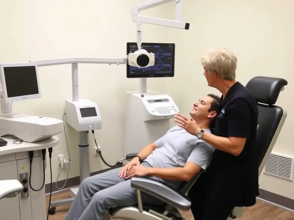 A patient receiving SLT laser treatment for glaucoma at ハマダ眼科. The image should highlight the non-invasive nature of the treatment and the advanced technology used.