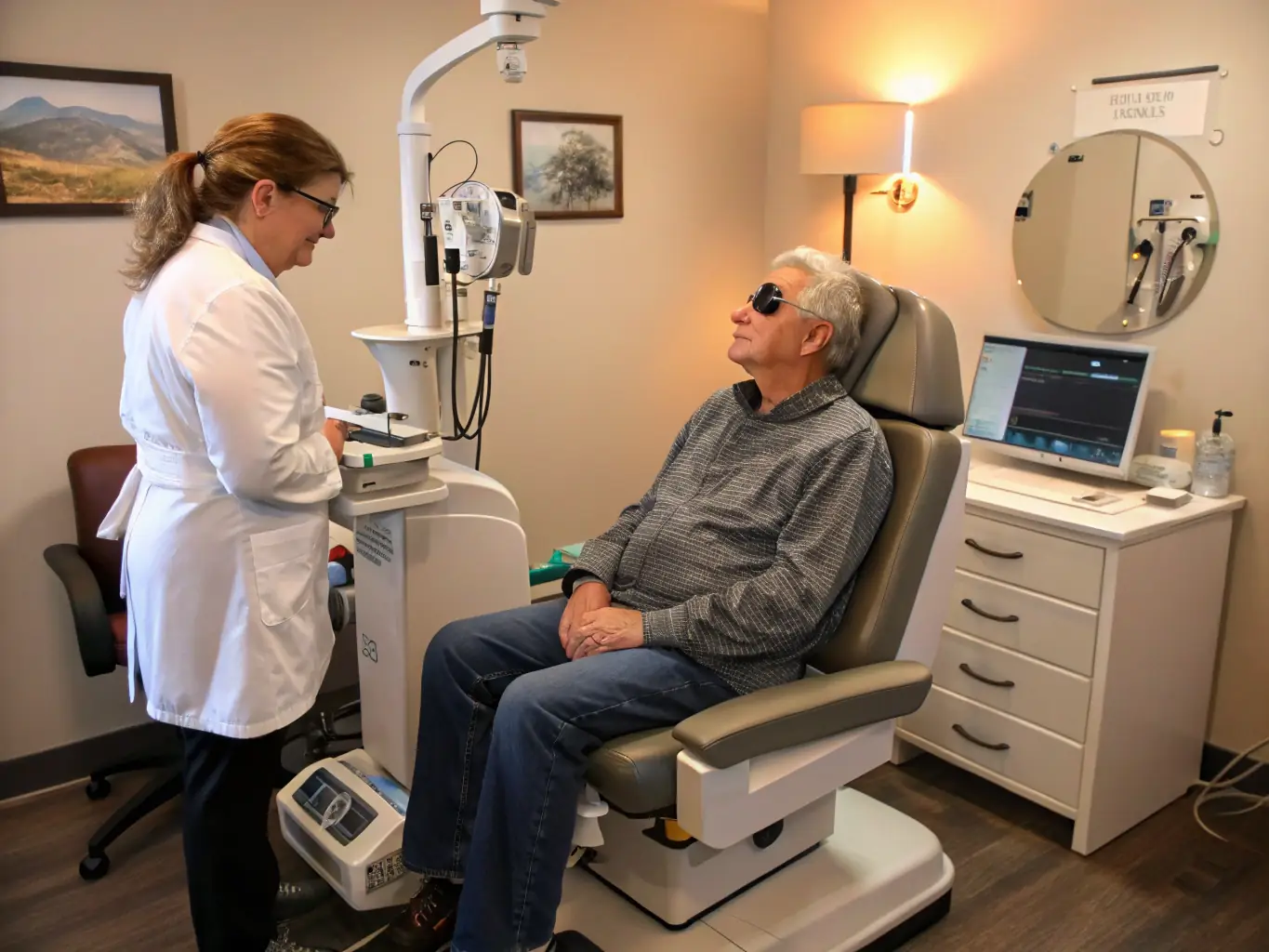 A patient receiving dry eye treatment at ハマダ眼科, showing the use of specialized eye drops and a comforting environment. The image should convey relief and care.
