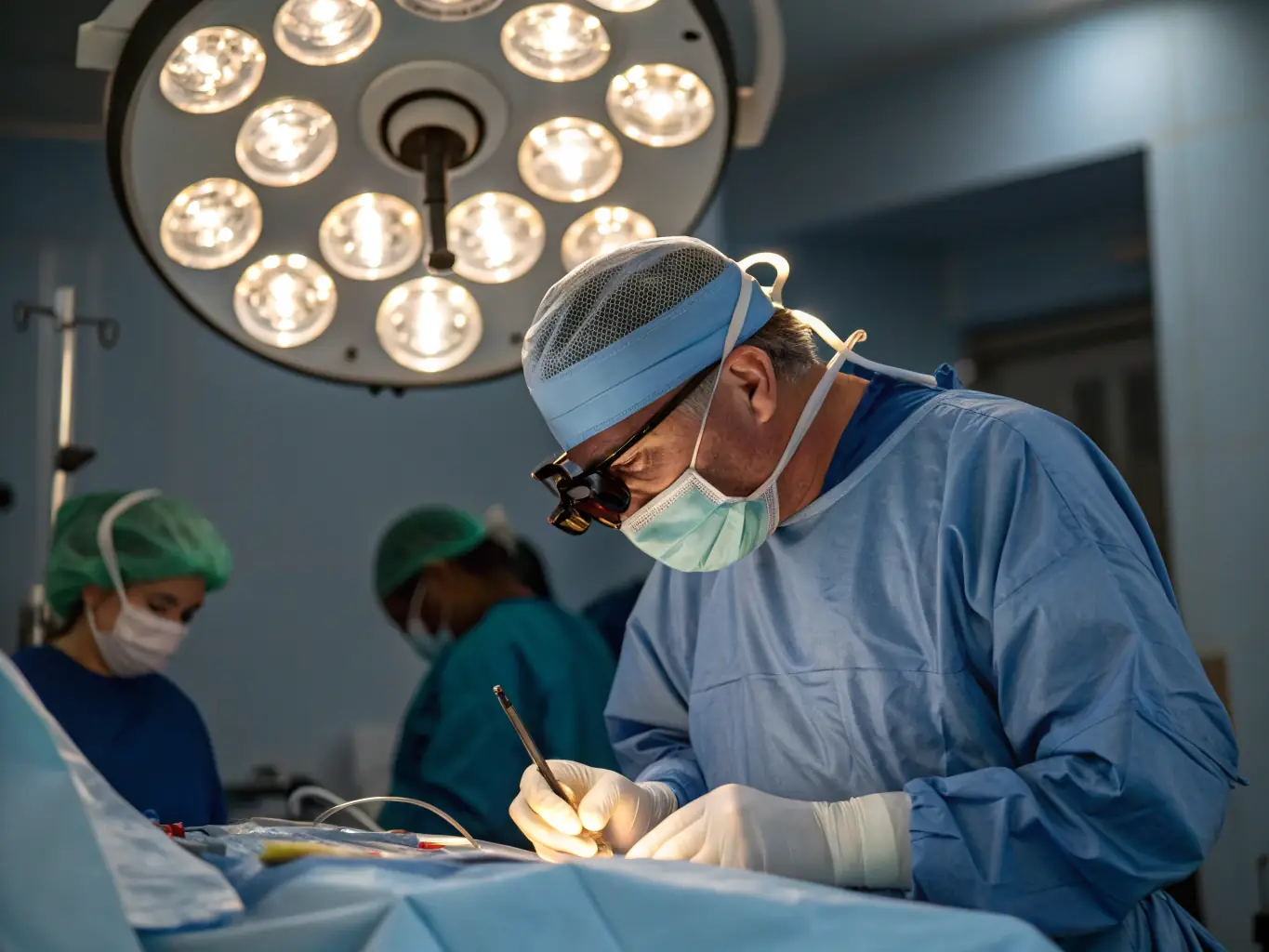 A patient undergoing cataract surgery at ハマダ眼科, with the medical team using advanced equipment in a sterile environment. The image should convey precision and care.